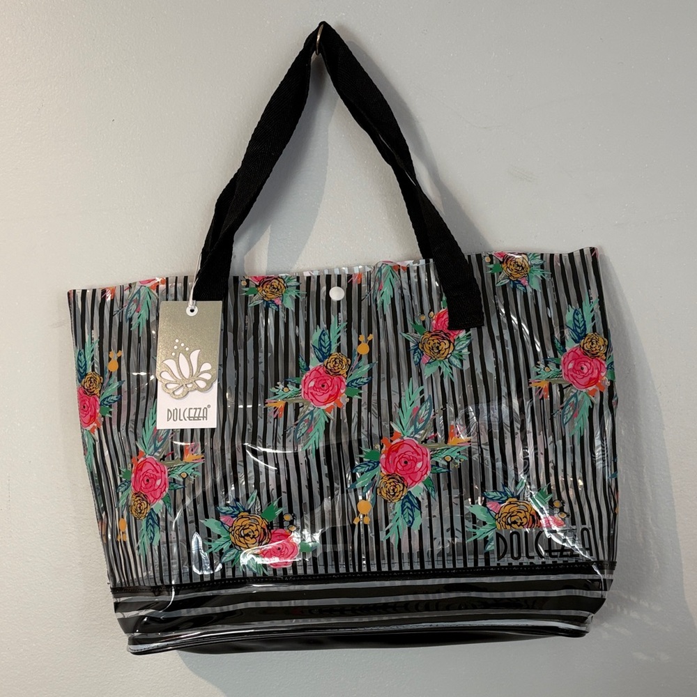 Dolcezza Black Floral Striped Tote Bag